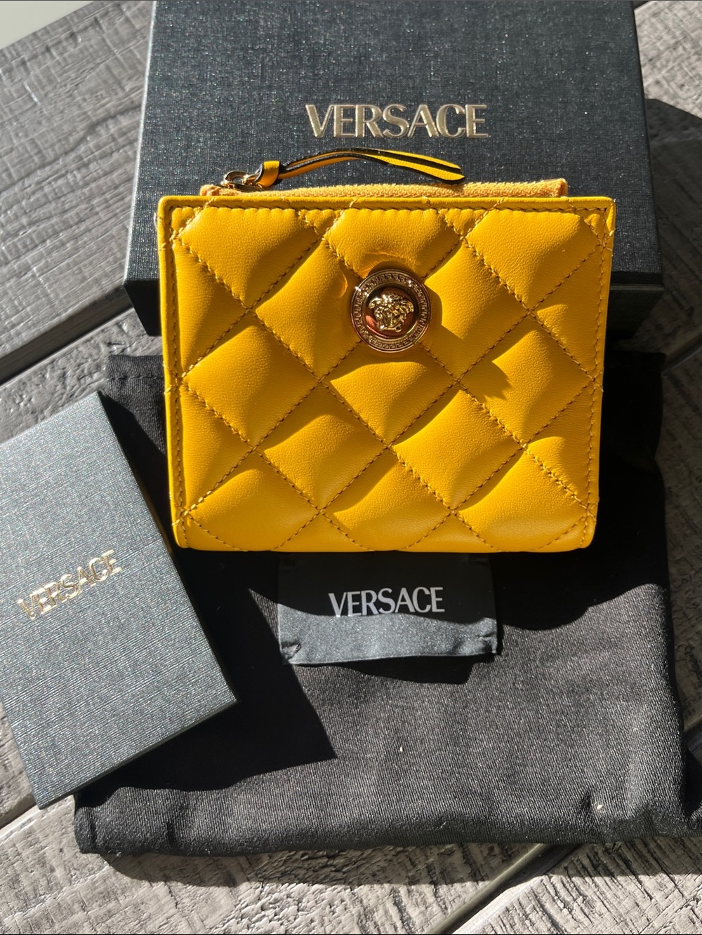 Versace Quilted Leather Zip Wallet in Yellow